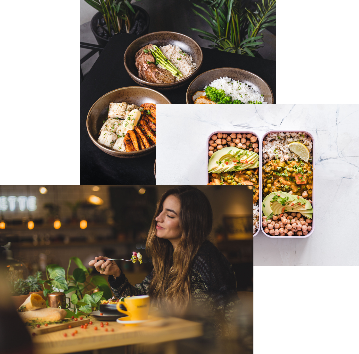 Woman enjoy food, meals in storage container, and food bowls on the table
